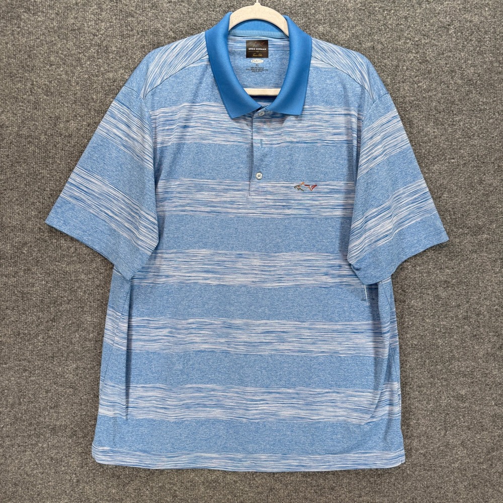 Greg Norman Polo Shirt Mens XL Blue Striped Play Dry Performance Golf Top